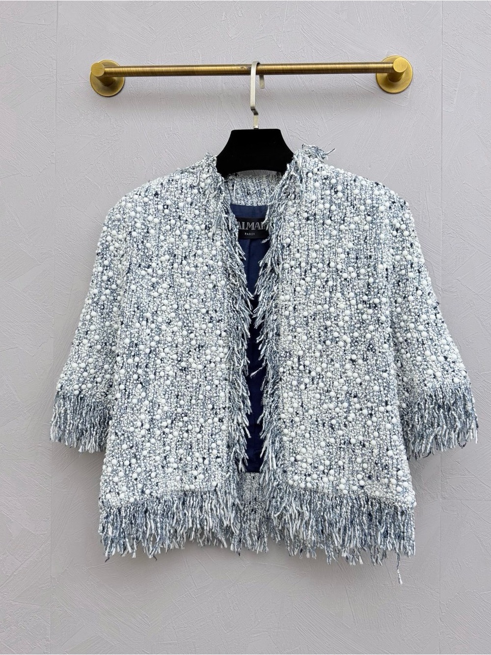 Balmain Light Blue and White Tweed Fringe Short Jacket